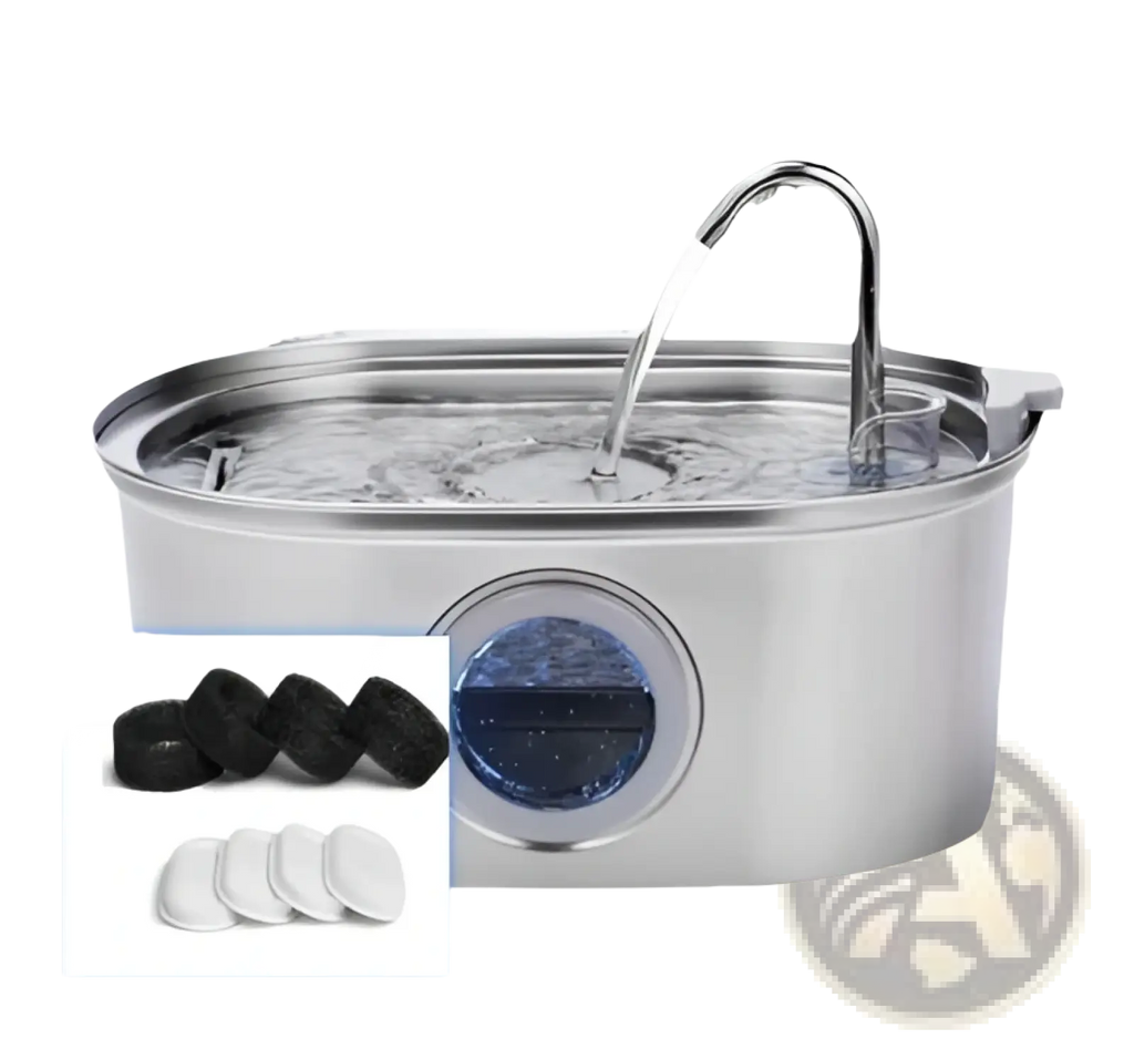Stainless steel pet water fountain with filter featuring a curved spout and visible filter compartment
