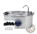 Stainless steel pet water fountain with filter featuring a curved spout and visible filter compartment
