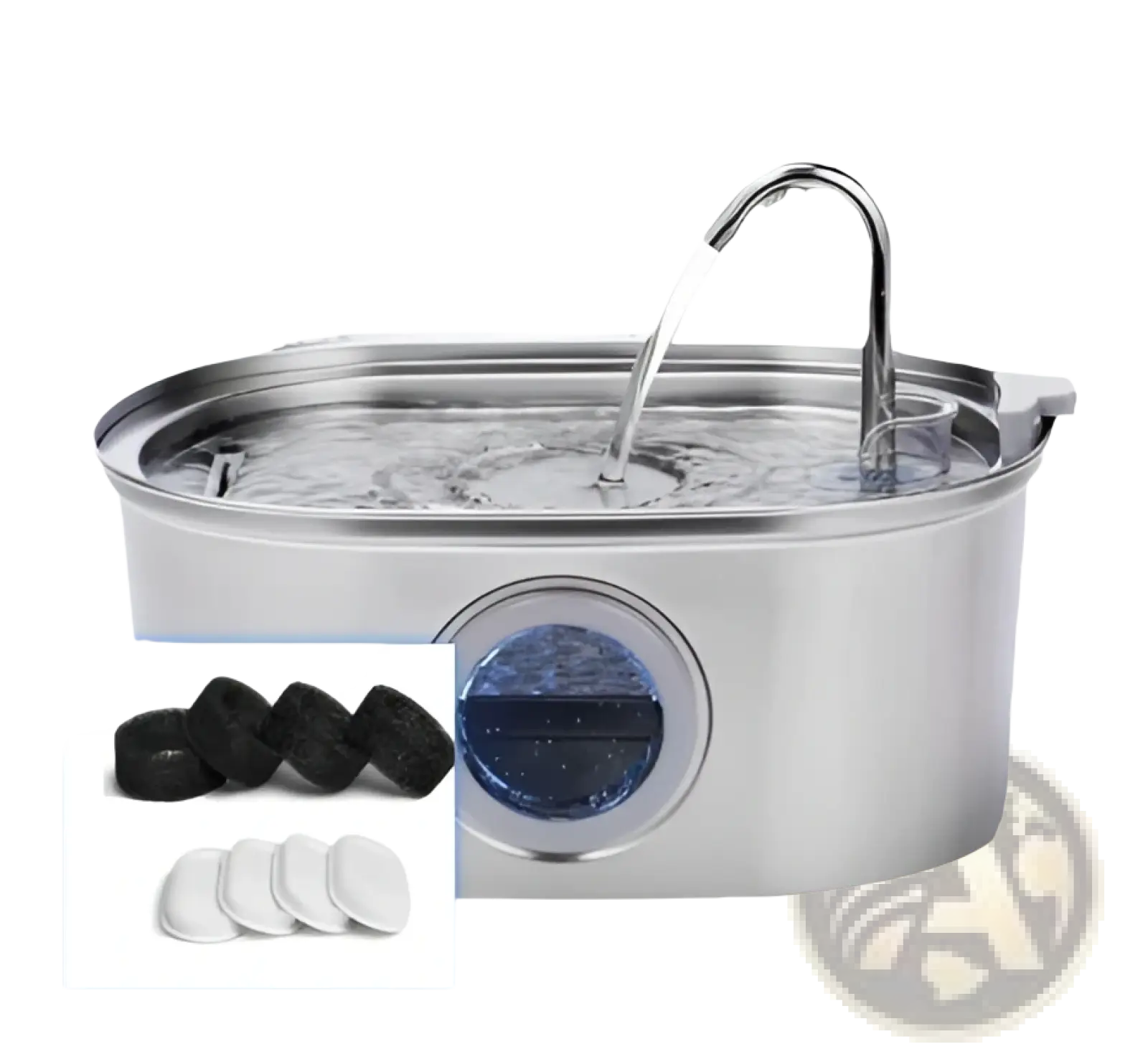Stainless steel pet water fountain with filter featuring a curved spout and visible filter compartment