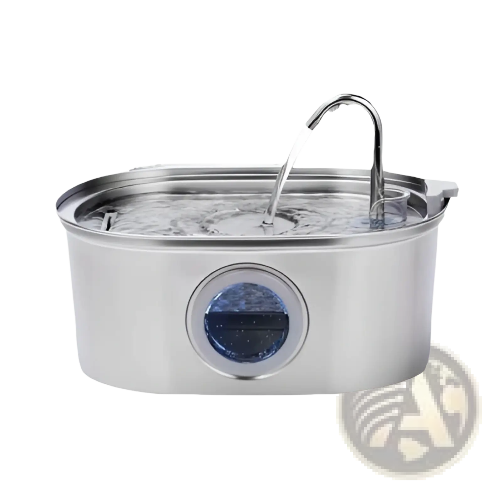 Stainless steel pet water fountain with curved spout and circular transparent window showing internal filter