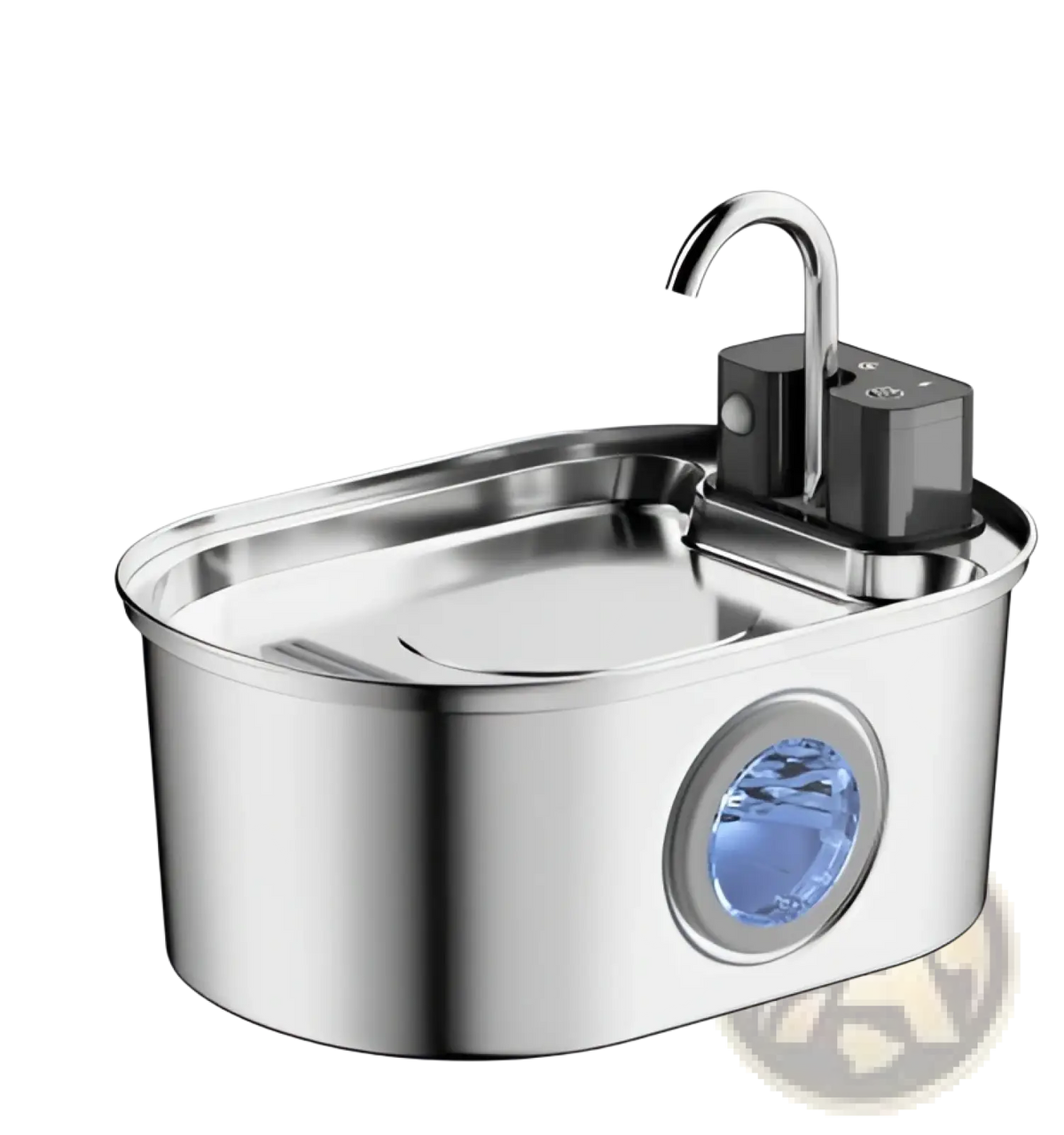 Stainless steel pet water fountain with a sleek oval basin, curved spout, and built-in filter for clean water