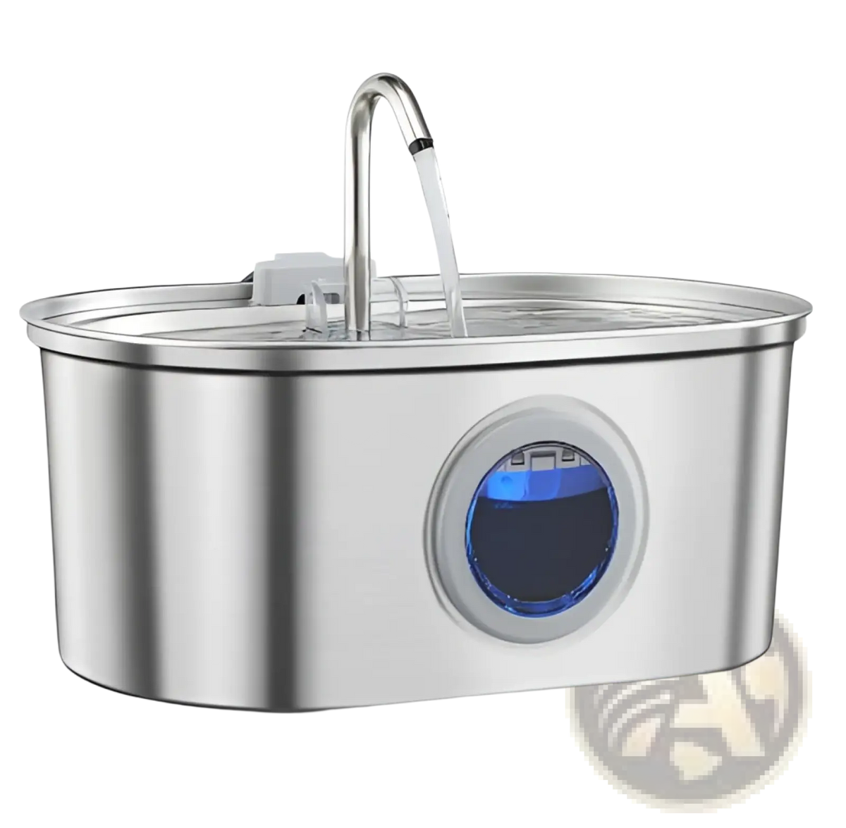 Stainless steel pet water fountain with curved spout and blue illuminated circular display for filtered water