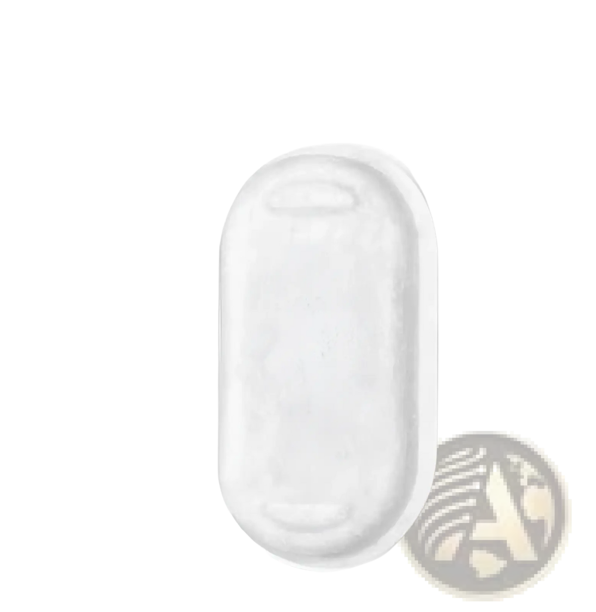 A translucent white plastic filter component with rounded edges for a stainless steel pet water fountain