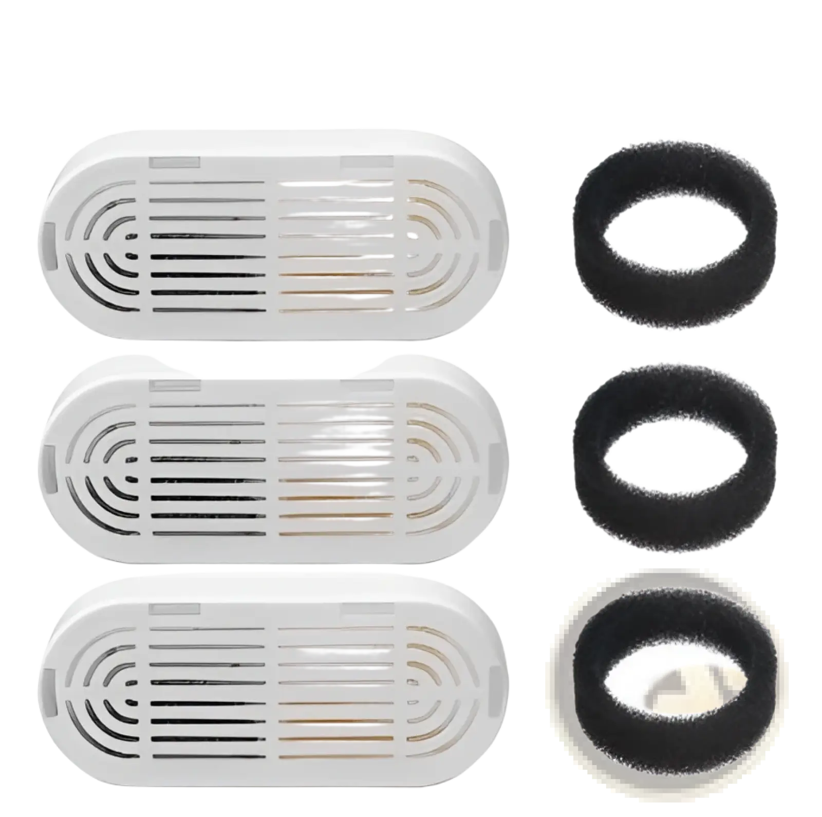 White rectangular air filter cartridges with black foam rings in a 3 plus 3 pack for stainless steel pet water fountain with filter