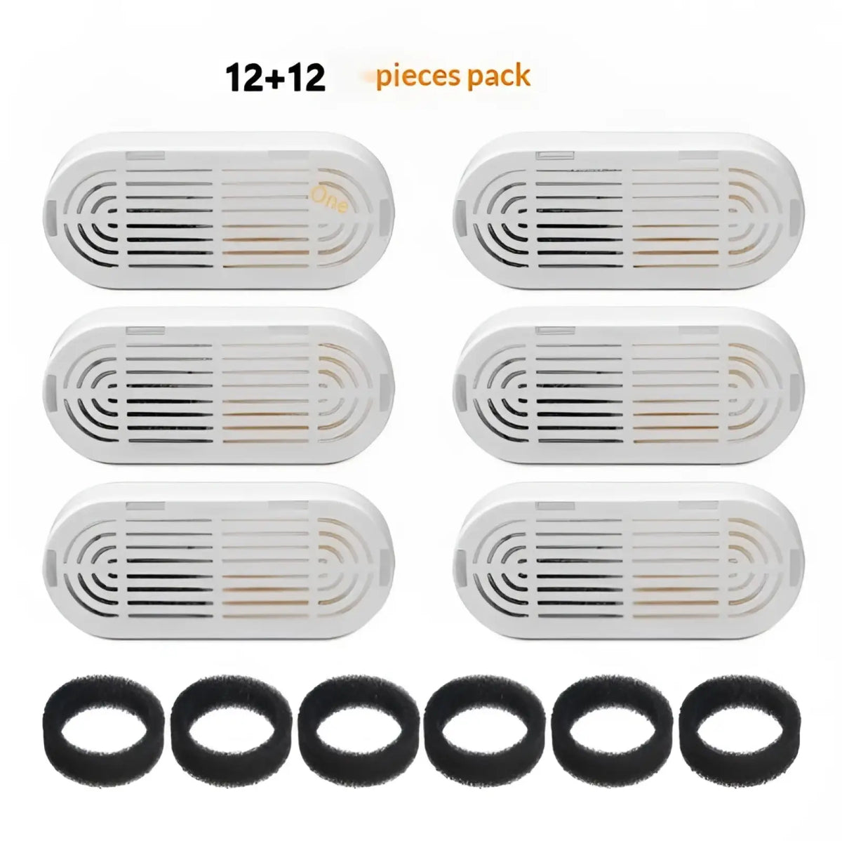 White oval-shaped air filter cartridges with grid pattern and black rubber gaskets for stainless steel pet water fountain filter