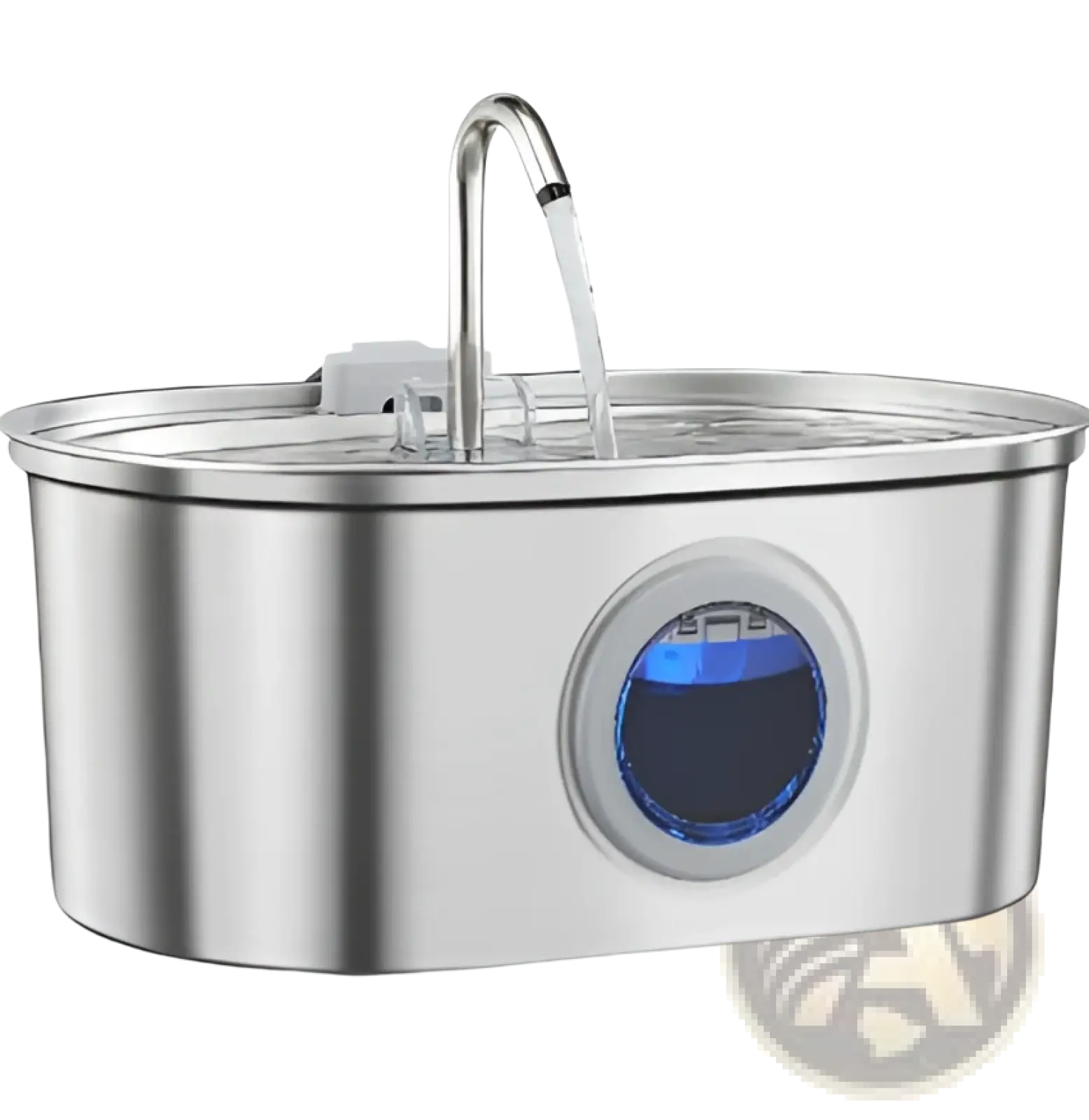 Stainless steel pet water fountain with filter featuring a curved spout and blue illuminated circular display