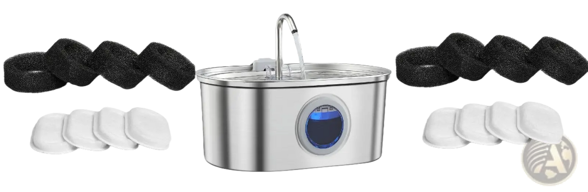 Silver stainless steel pet water fountain with filter featuring a blue illuminated circular display and curved spout