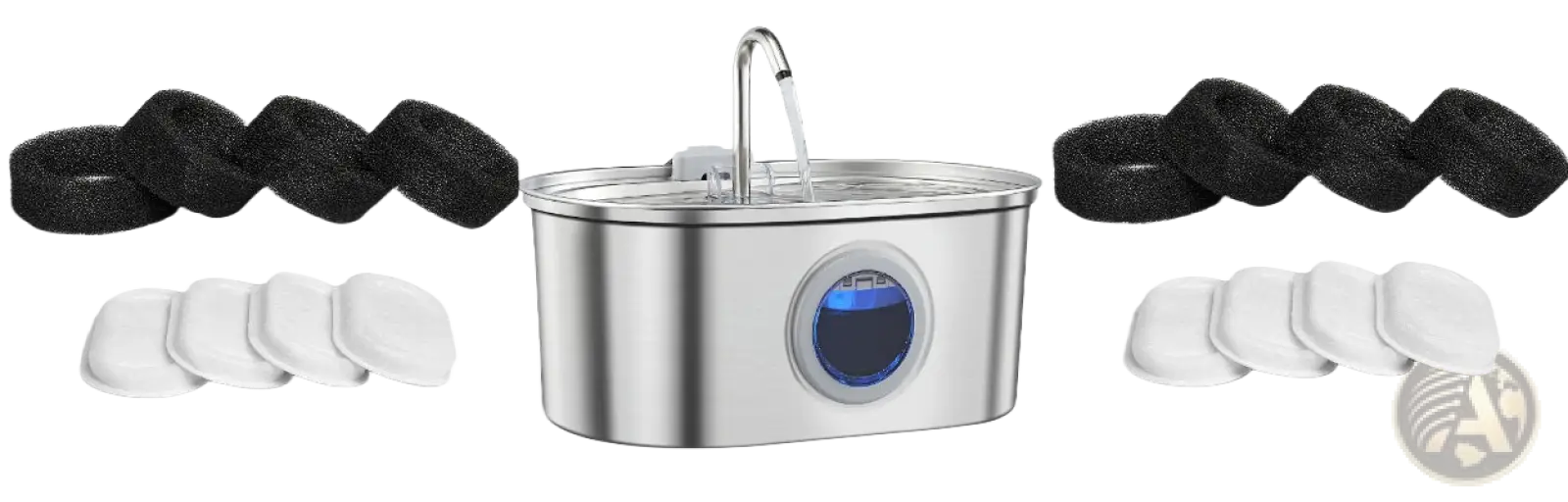 Stainless steel pet water fountain with filter featuring a curved spout and blue-lit circular display for pets