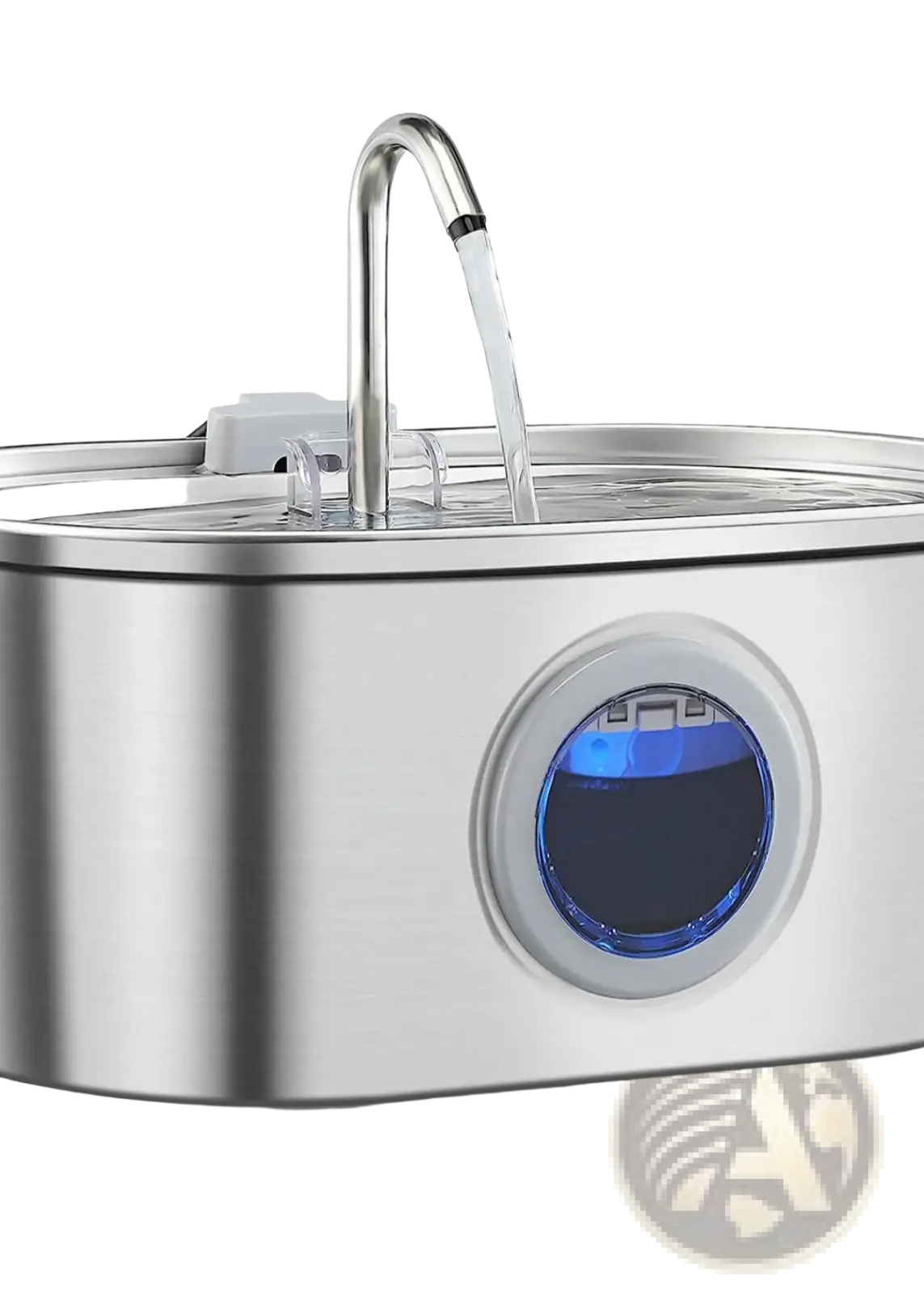 Stainless steel pet water fountain with curved spout and blue-lit circular display for filtered hydration