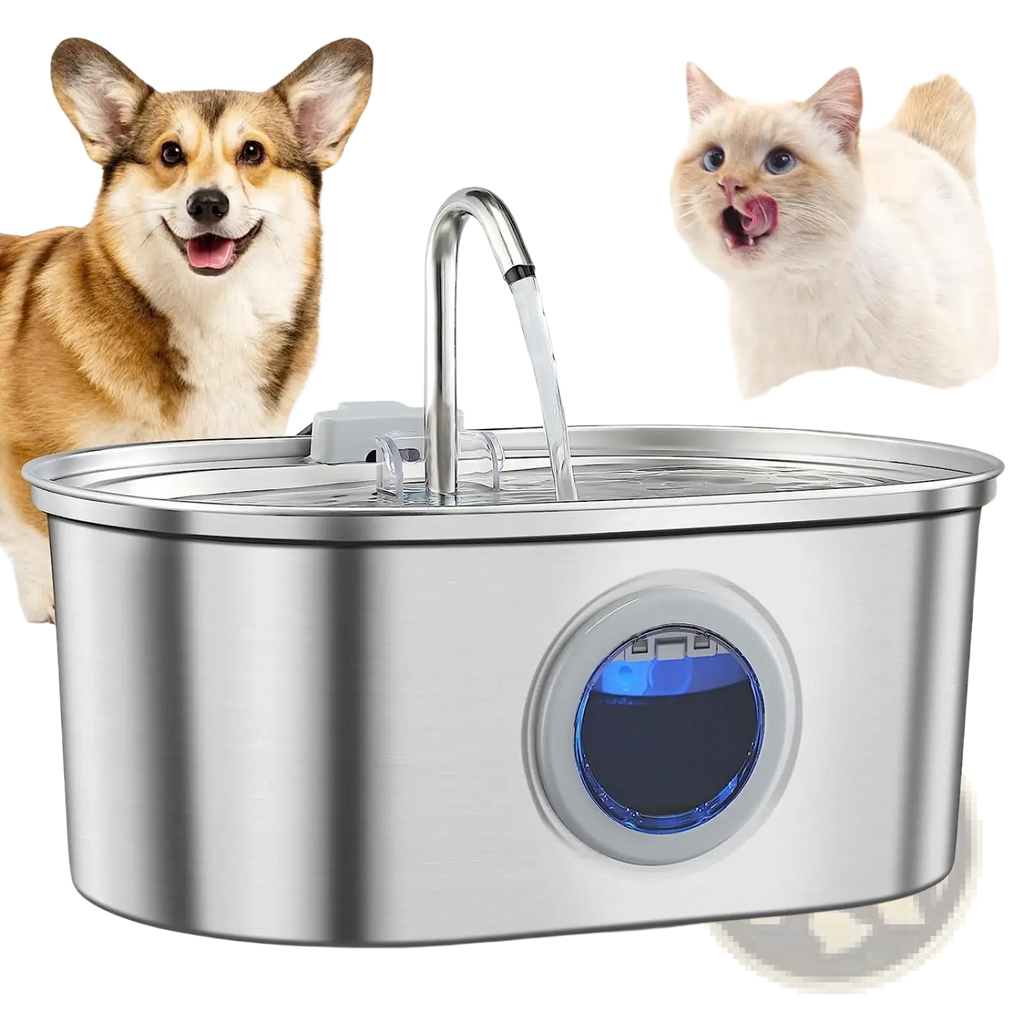 Stainless steel pet water fountain with filter featuring a curved spout and blue-lit circular display