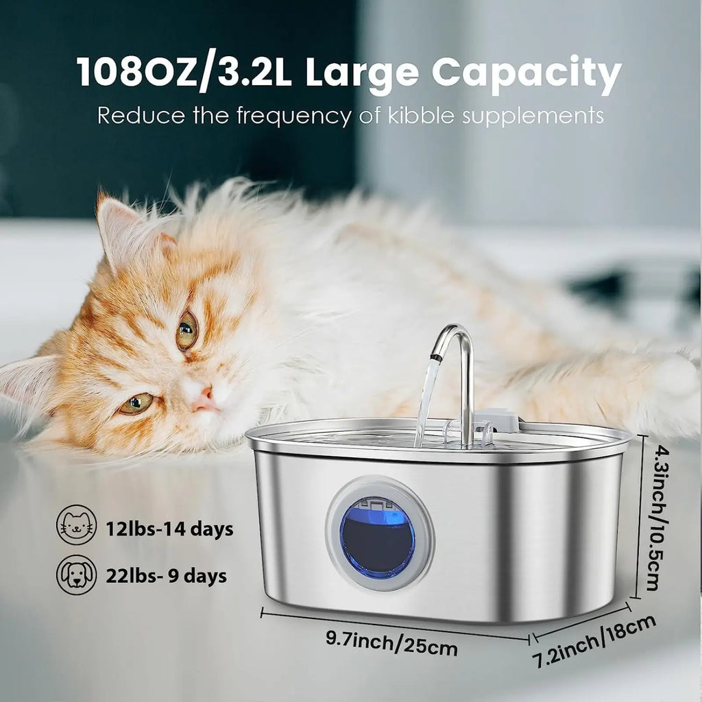 Stainless steel pet water fountain with filter featuring a curved spout and blue illuminated interior for pets