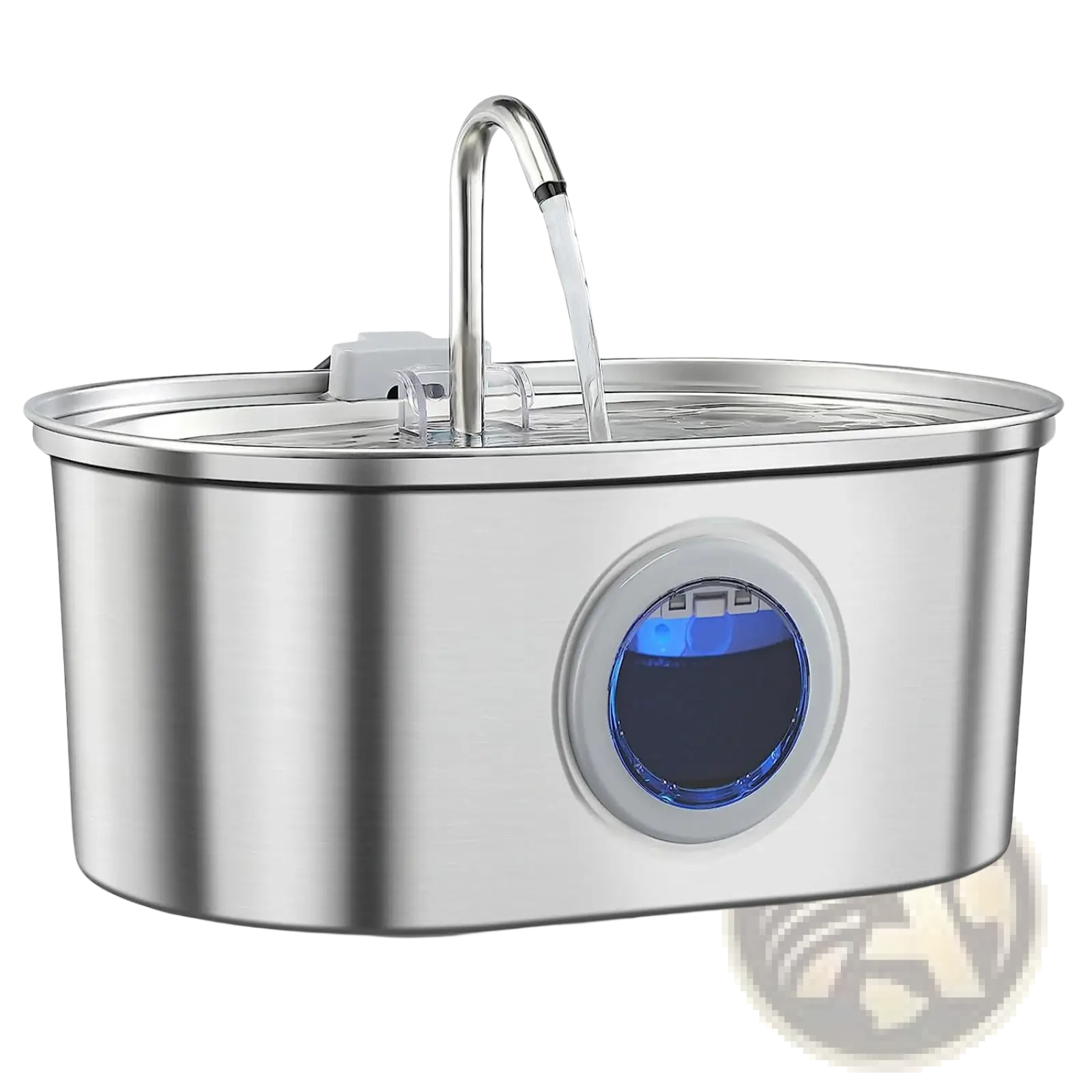 Stainless steel pet water fountain with filter featuring a curved spout and blue-lit circular viewing window