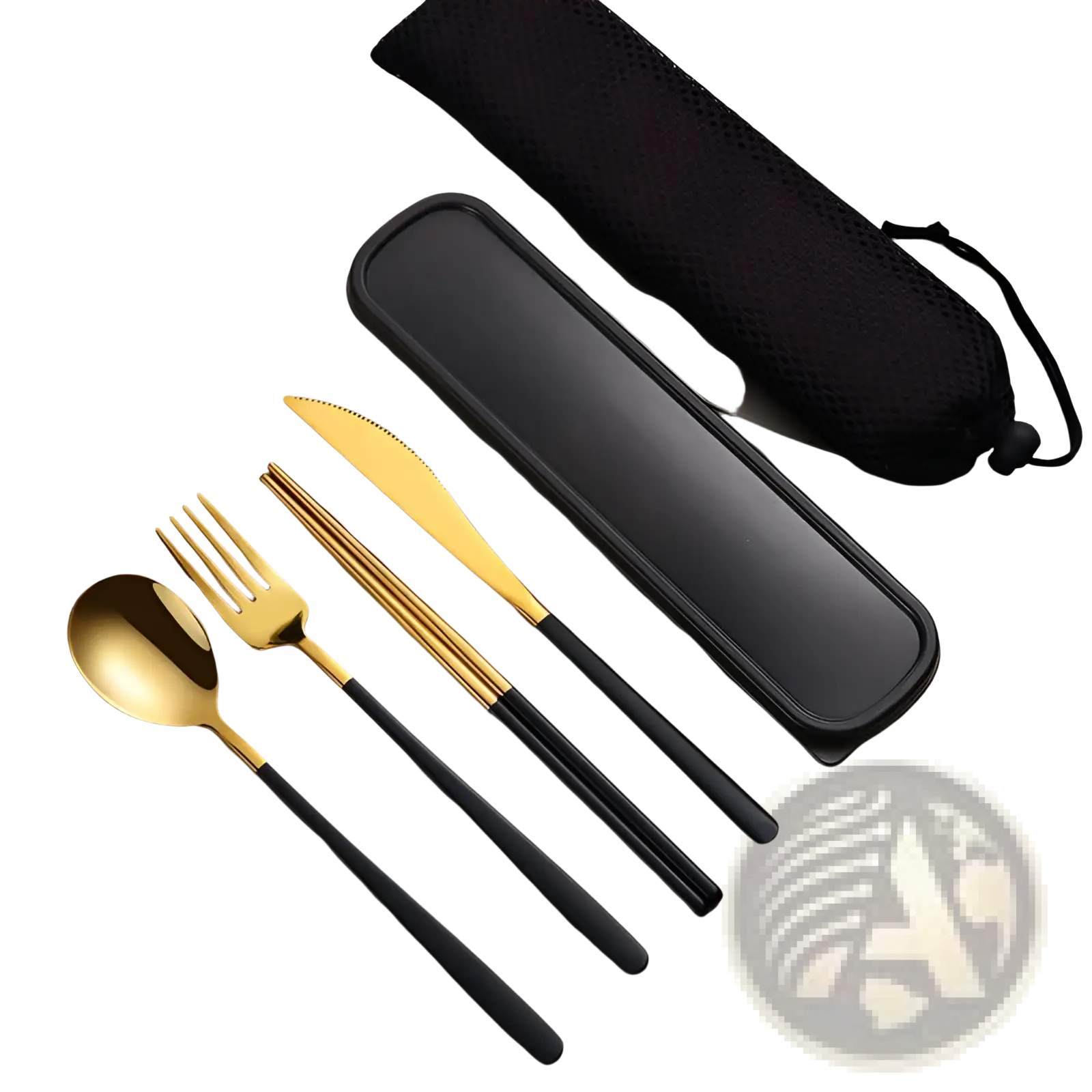 Gold and black stainless steel portable cutlery set with sleek modern design and included carrying case