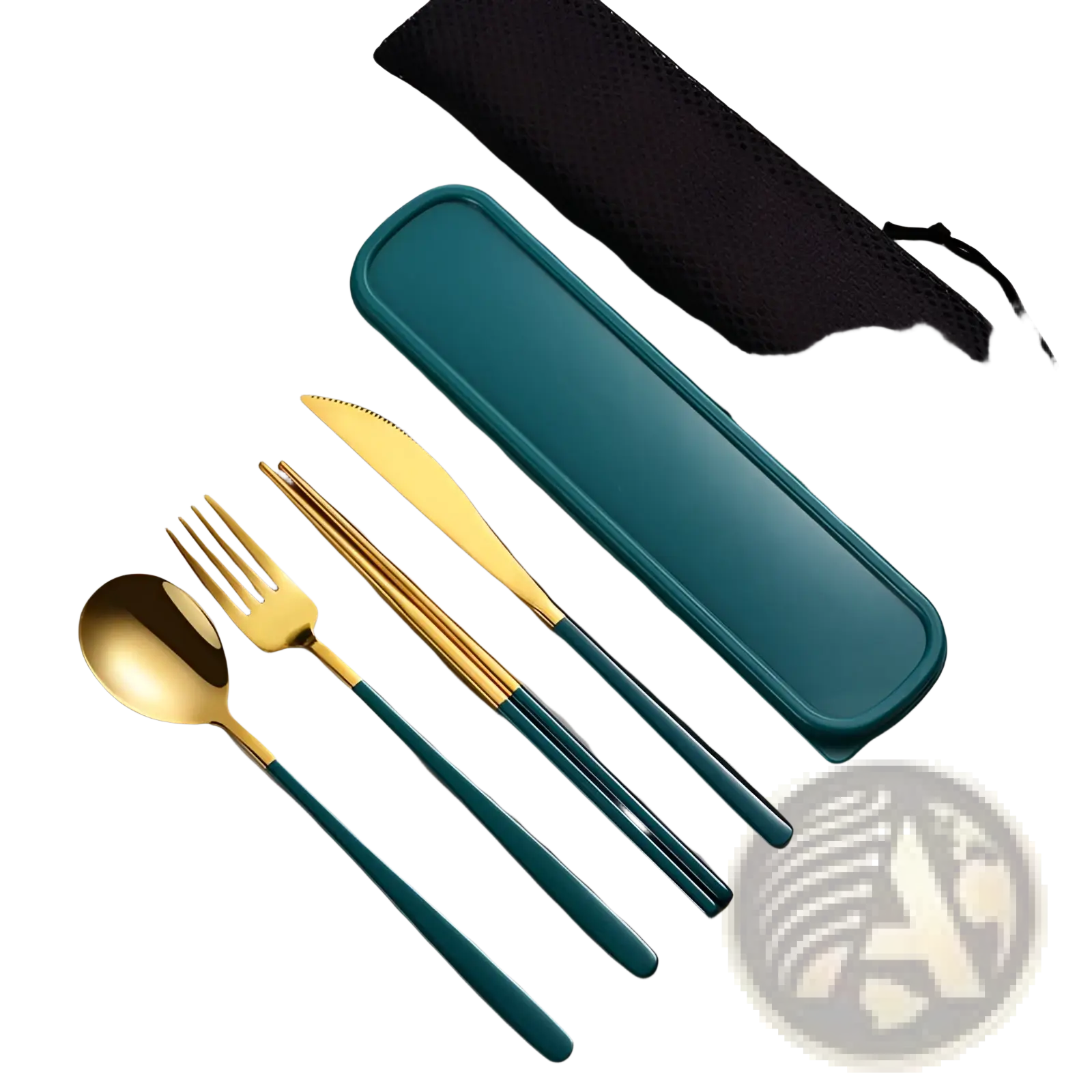 Teal and gold stainless steel portable 4-piece travel cutlery set with matching carrying case for convenience