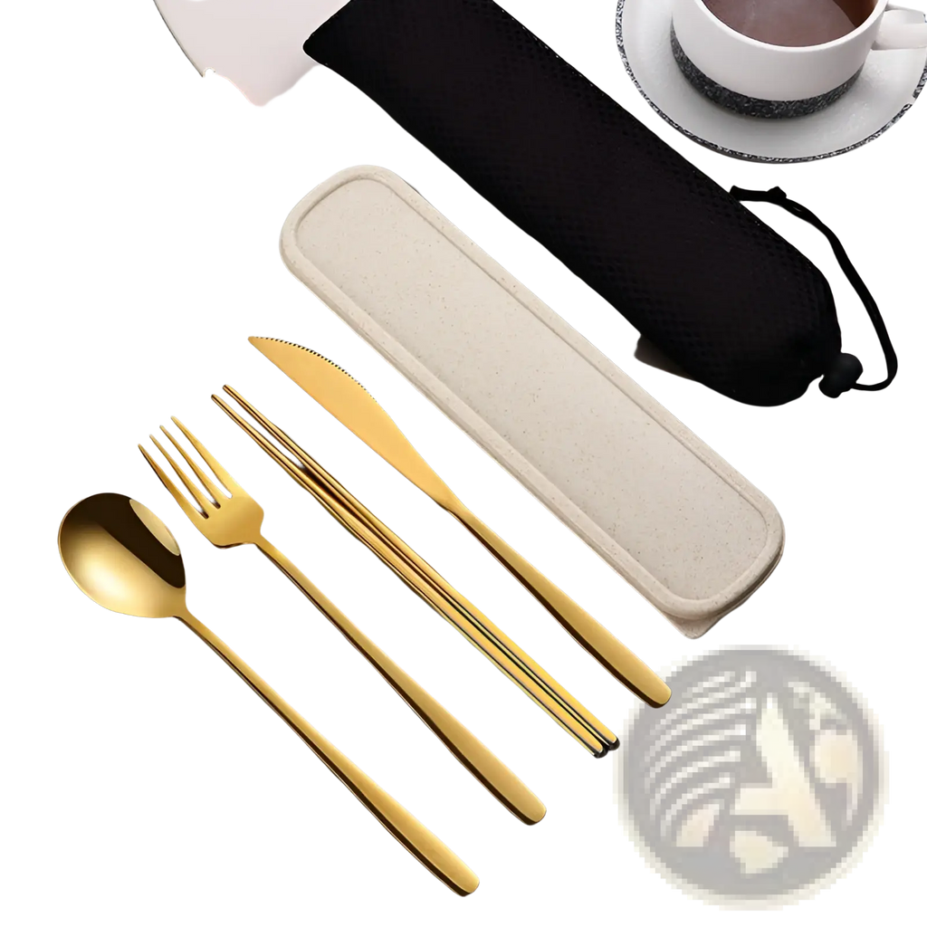 Gold-colored stainless steel portable cutlery set with sleek modern design and carrying case for convenience