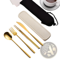 Gold-colored stainless steel portable cutlery set with sleek modern design and carrying case for convenience