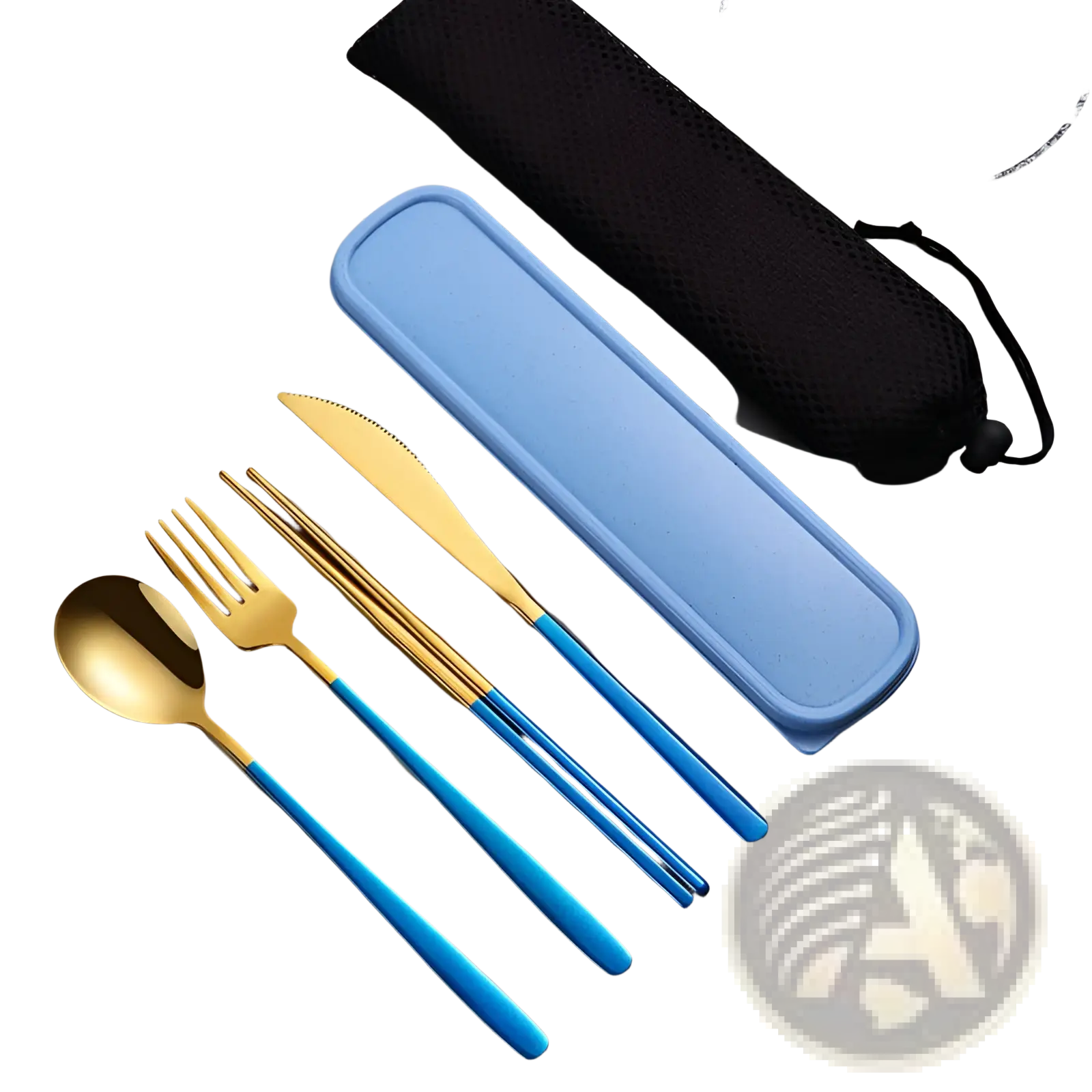 Stainless steel portable cutlery set with four gold and blue utensils and a matching light blue silicone case