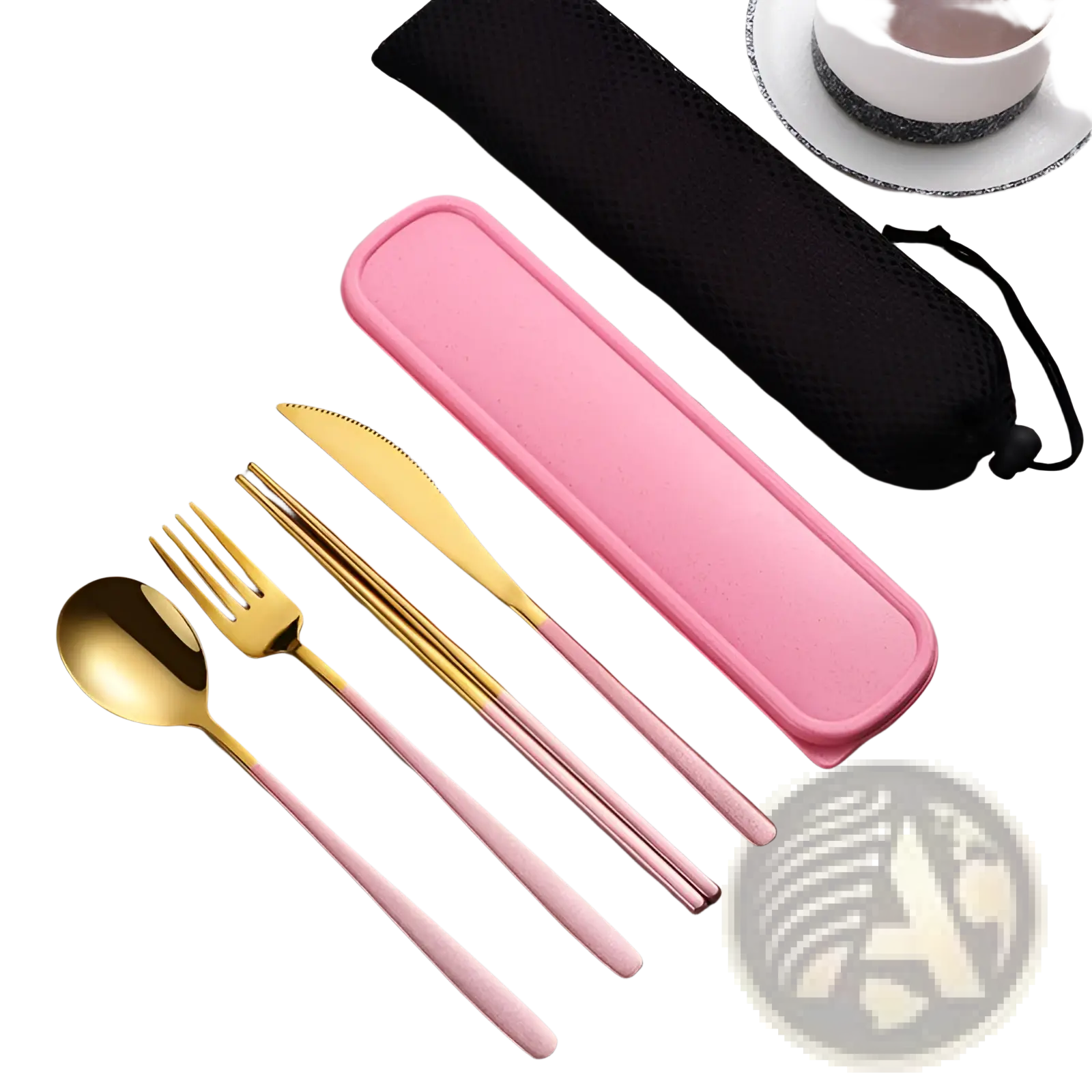 Pink and gold stainless steel portable cutlery set in matching pink silicone case for travel and daily use