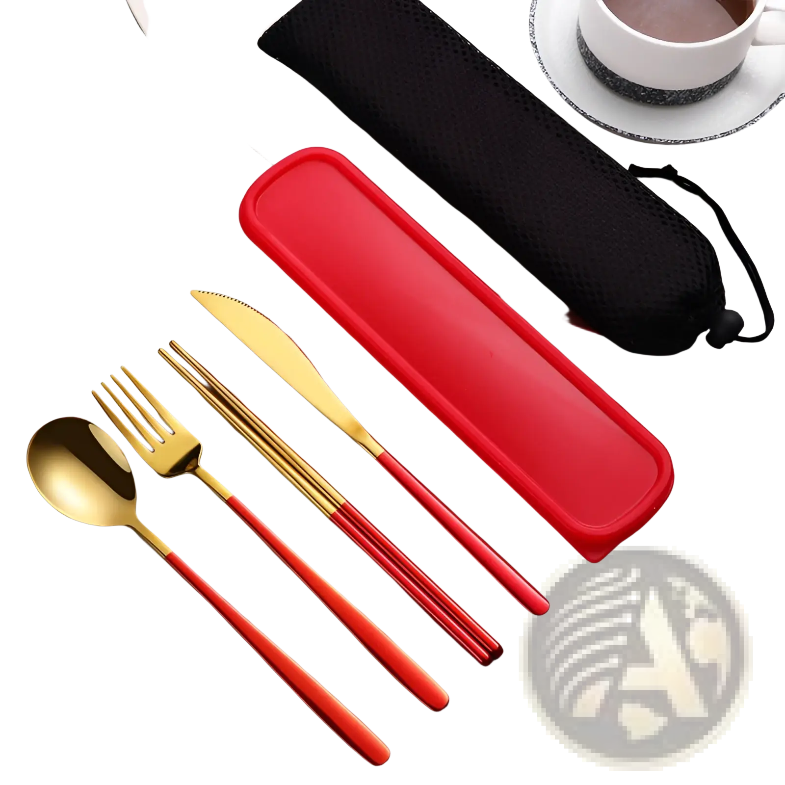 Stainless steel portable cutlery set featuring red and gold utensils with matching red silicone case for travel use