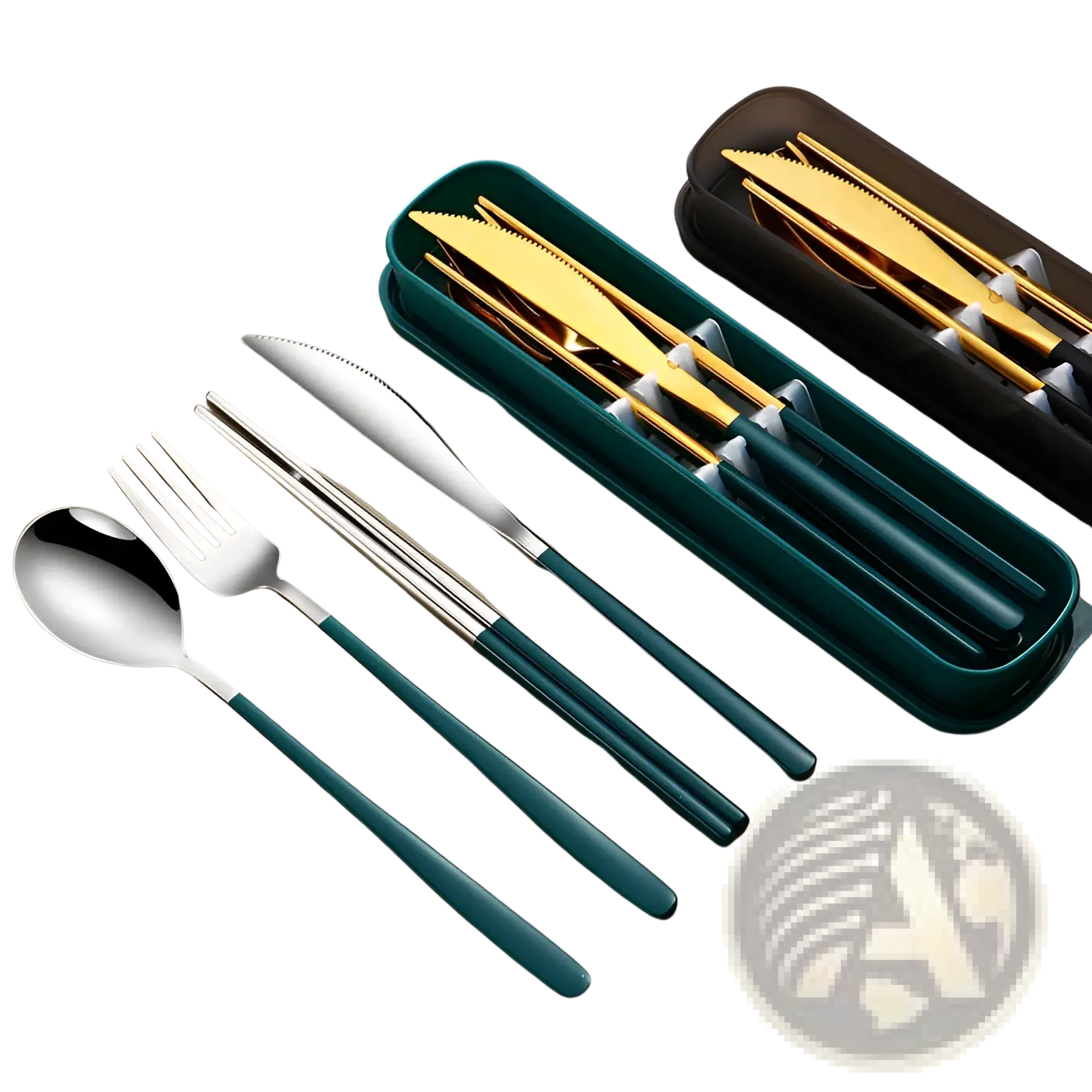 Stainless steel portable cutlery set with teal handles and gold accents neatly arranged in a matching green case