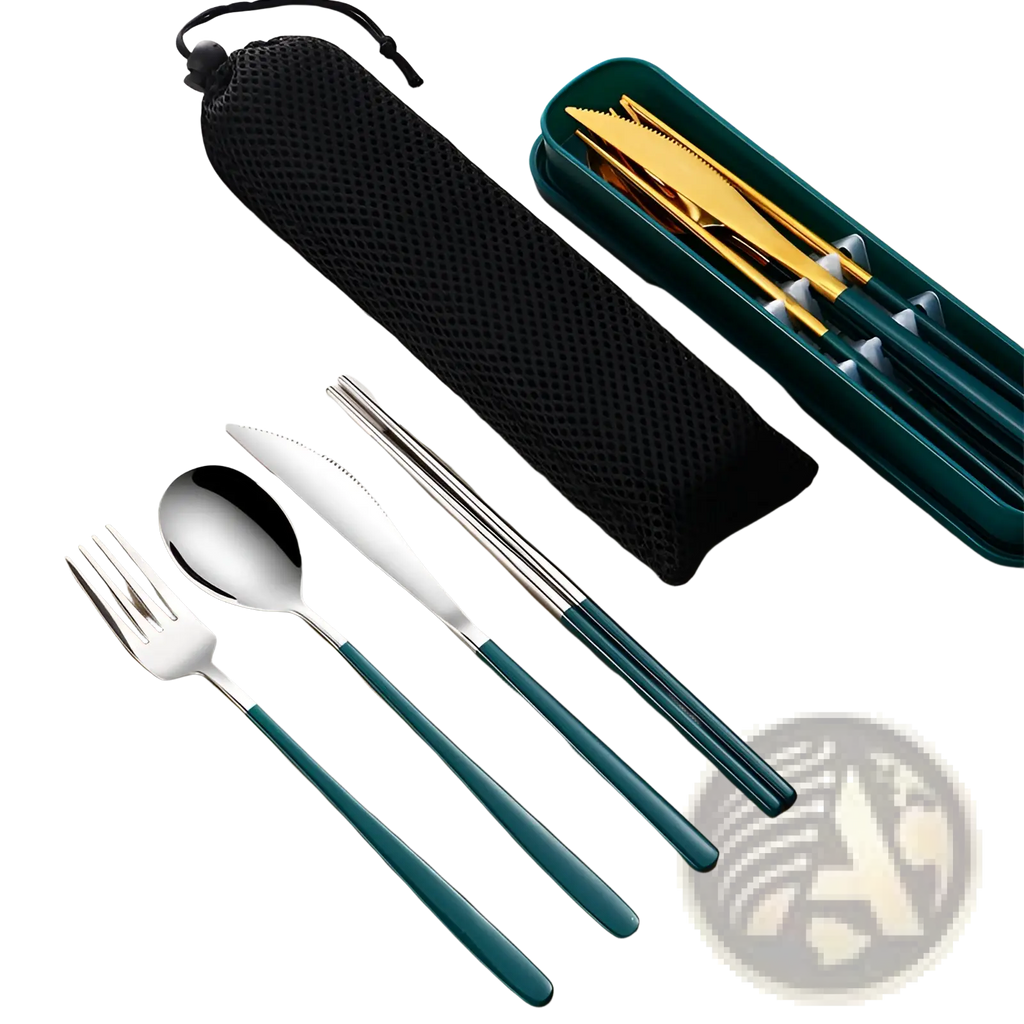 Stainless steel portable cutlery set with teal handles includes matching green case and black mesh carrying pouch