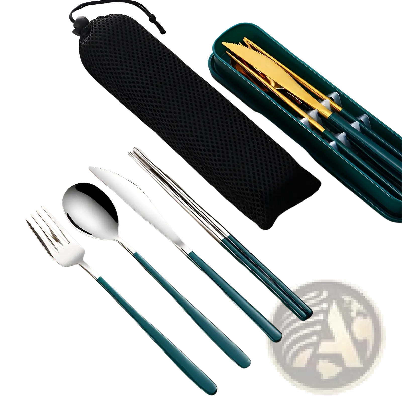 Stainless steel portable cutlery set with teal handles includes matching green case and black mesh carrying pouch