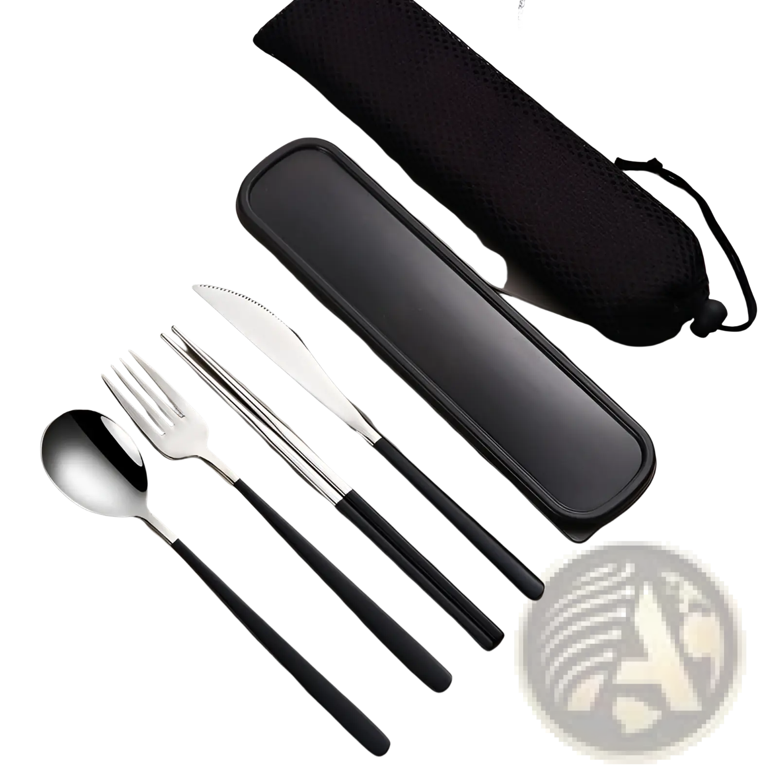 Black and silver stainless steel portable cutlery set with black handles neatly arranged beside matching black mesh case