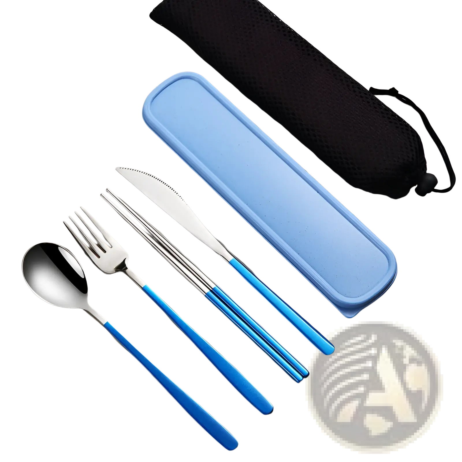 Stainless steel portable cutlery set with blue handles and matching light blue carrying case for easy transport