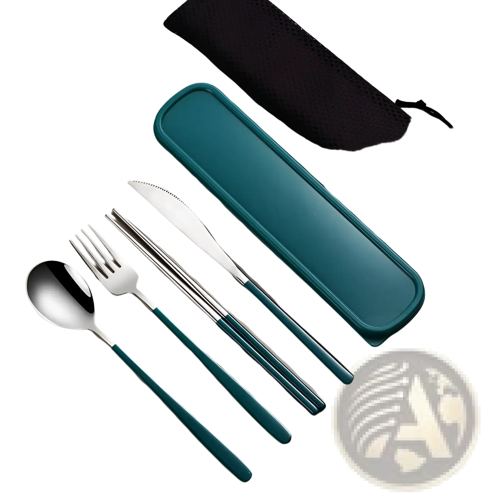Teal-colored stainless steel portable cutlery set with matching case and black mesh carry pouch for travel