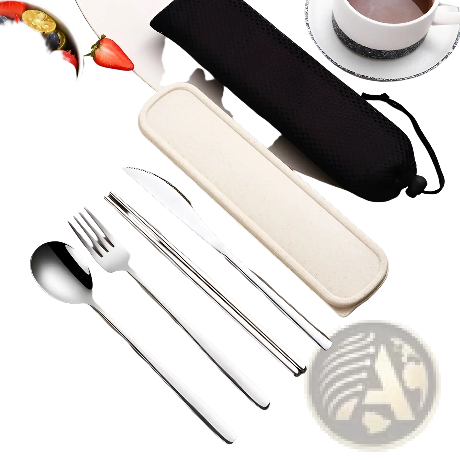 Silver stainless steel 4-piece portable cutlery set with cream fabric case and black mesh pouch for travel use