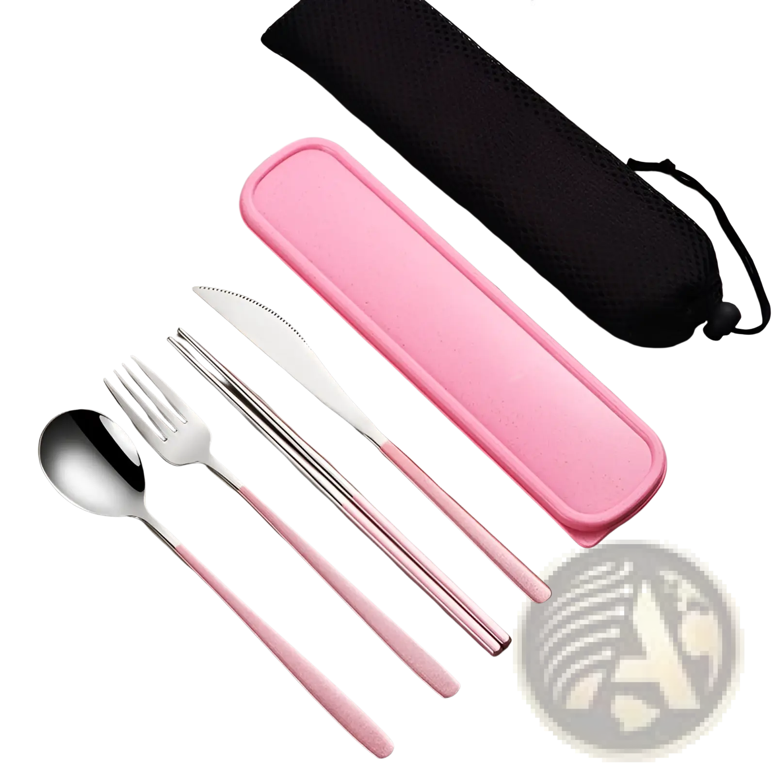 Stainless steel portable cutlery set with pink finish, silicone case, and black mesh carrying pouch for travel use