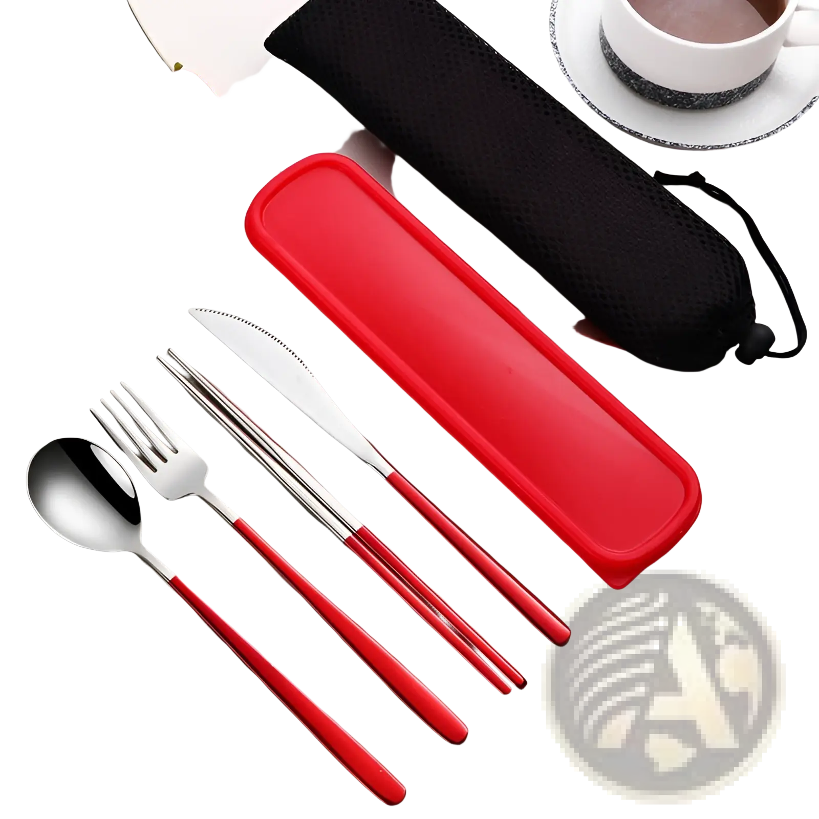 Stainless steel portable cutlery set with red handles includes a matching red silicone case and black mesh pouch