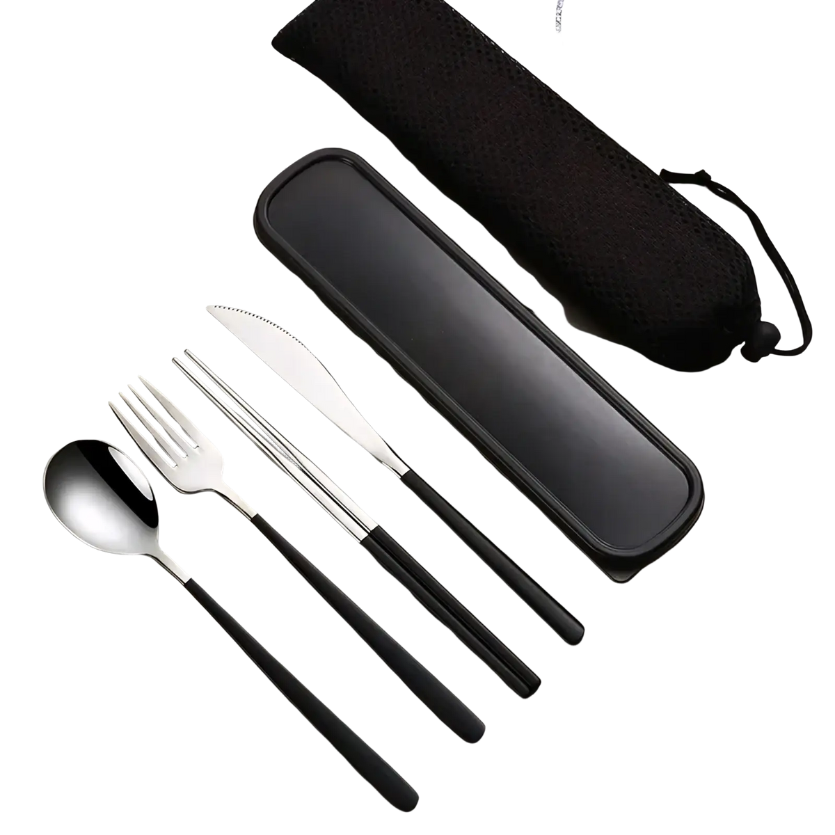 Stainless steel portable travel cutlery set with black handles and matching black carrying case in sleek modern design
