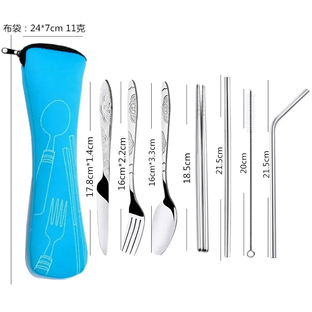 Blue fabric carrying pouch with white embroidered cutlery design for stainless steel portable travel cutlery set