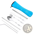 Silver stainless steel foldable travel cutlery set with engraved floral patterns and bright blue neoprene carrying case