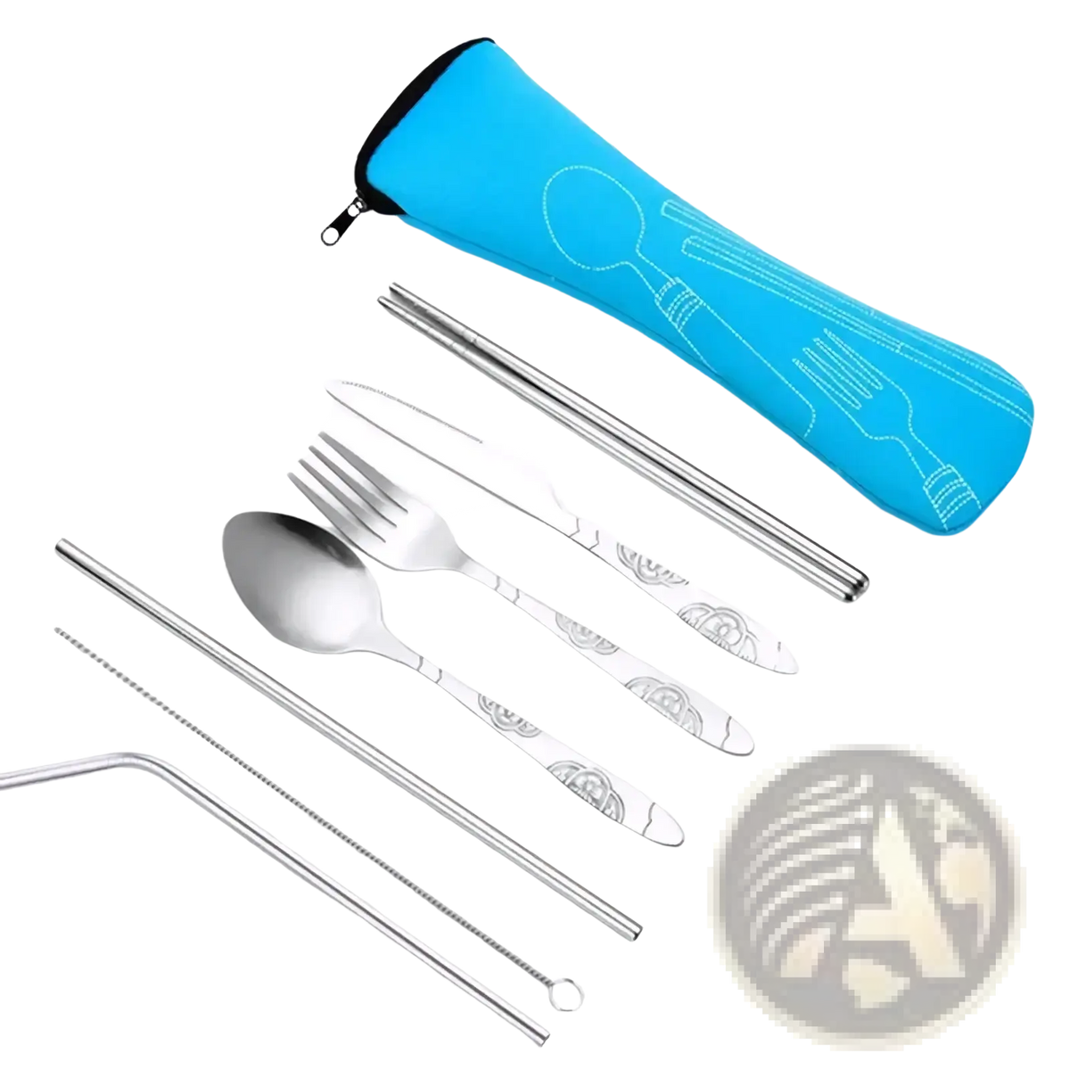 Silver stainless steel foldable travel cutlery set with engraved floral patterns and bright blue neoprene carrying case