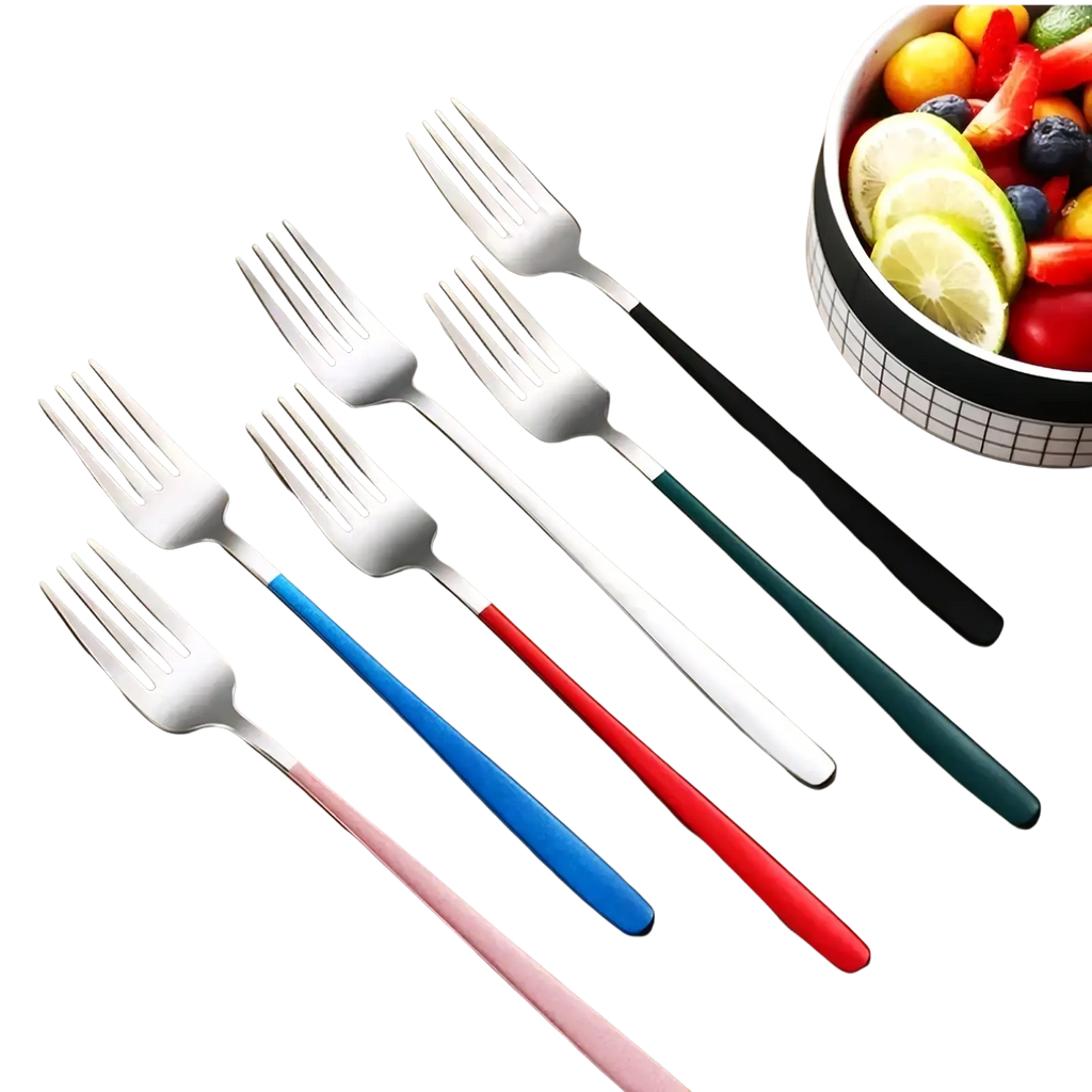 Set of five modern stainless steel portable travel forks with colorful matte handles in pink blue red black and green