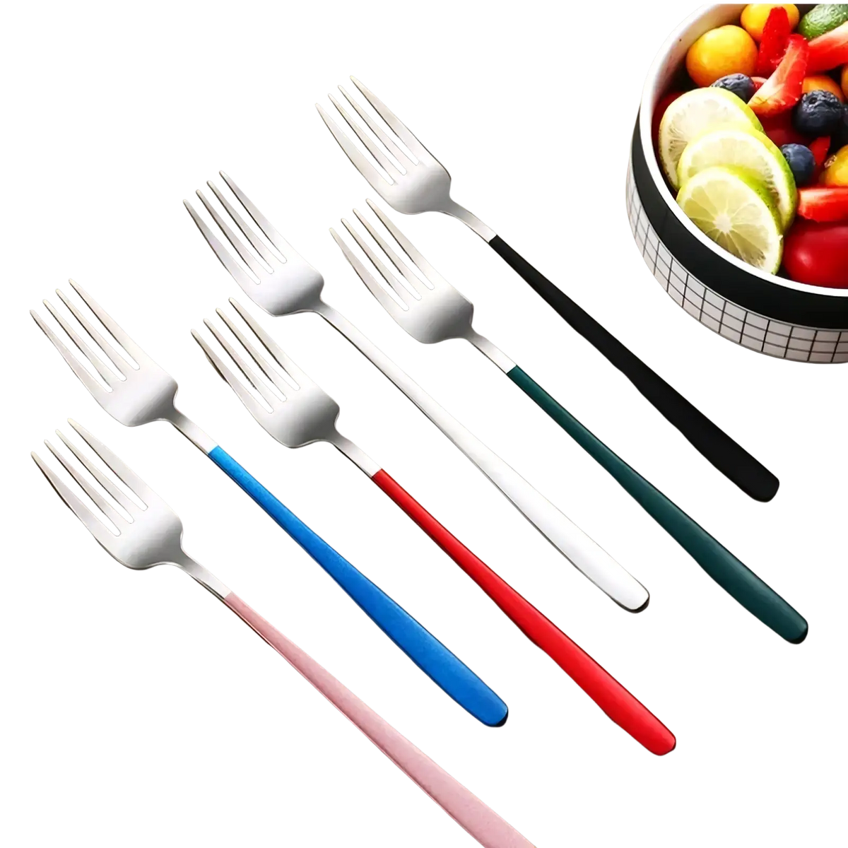 Set of five modern stainless steel portable travel forks with colorful matte handles in pink blue red black and green