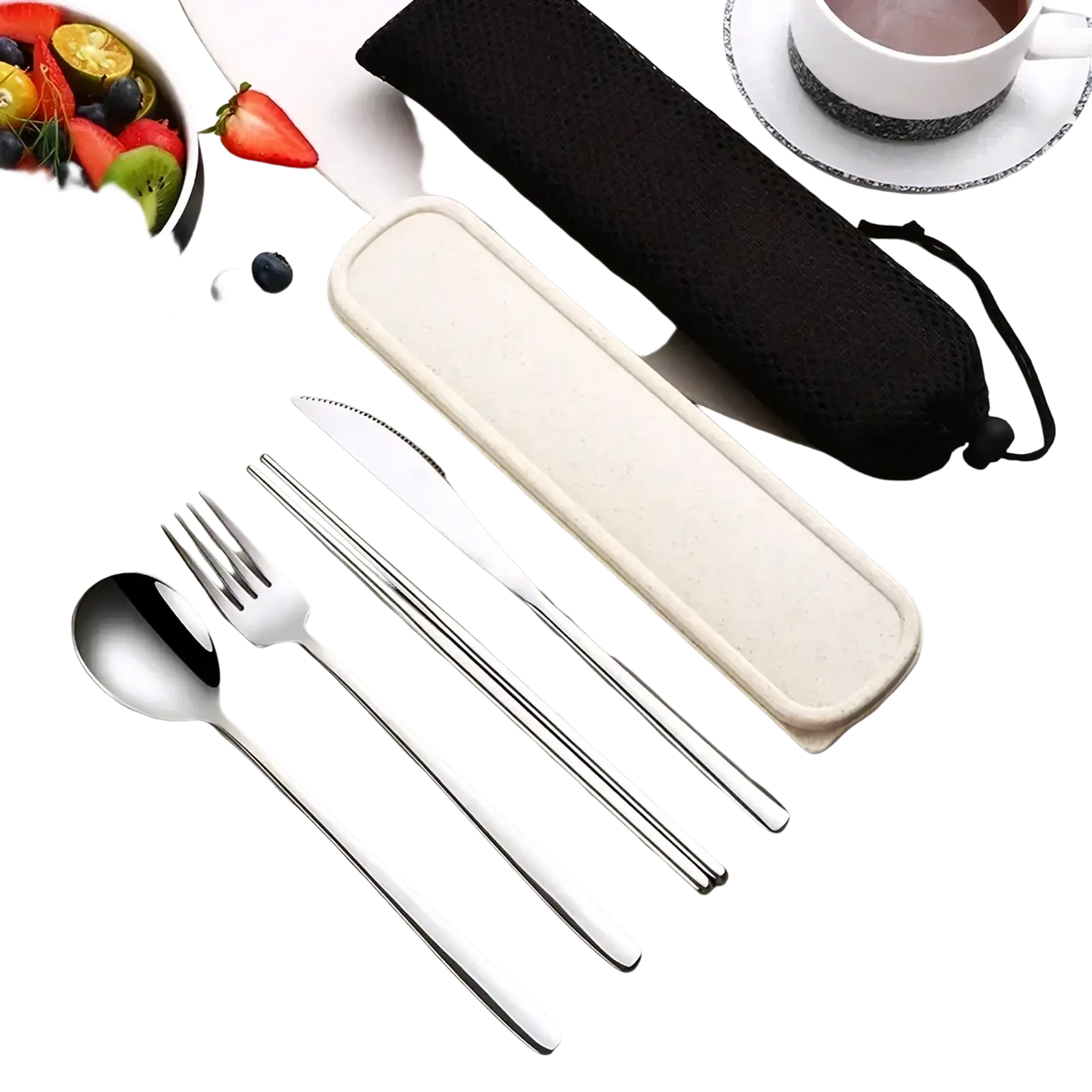 Stainless steel portable travel cutlery set with four pieces beige fabric case and black drawstring pouch