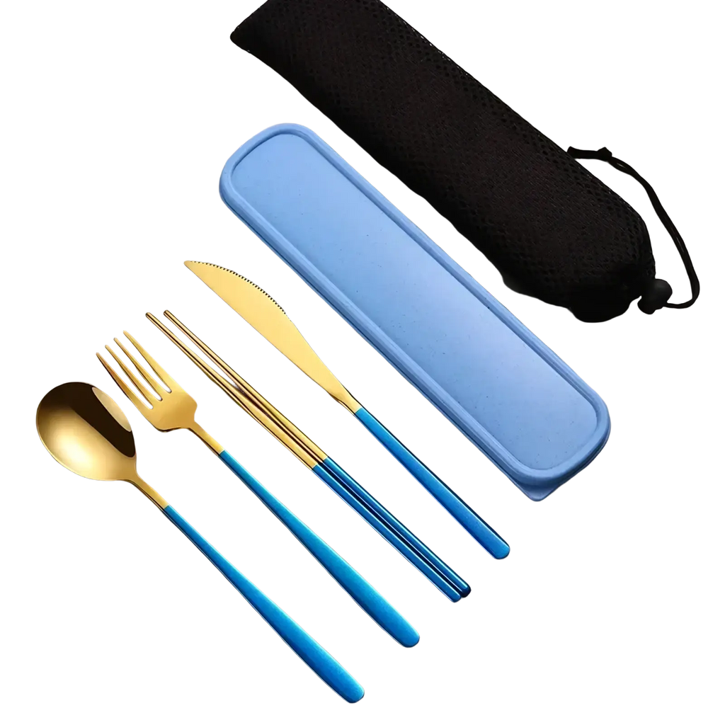 Stainless steel portable travel cutlery set with gold and blue utensils and matching light blue silicone case