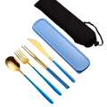 Stainless steel portable travel cutlery set with gold and blue utensils and matching light blue silicone case