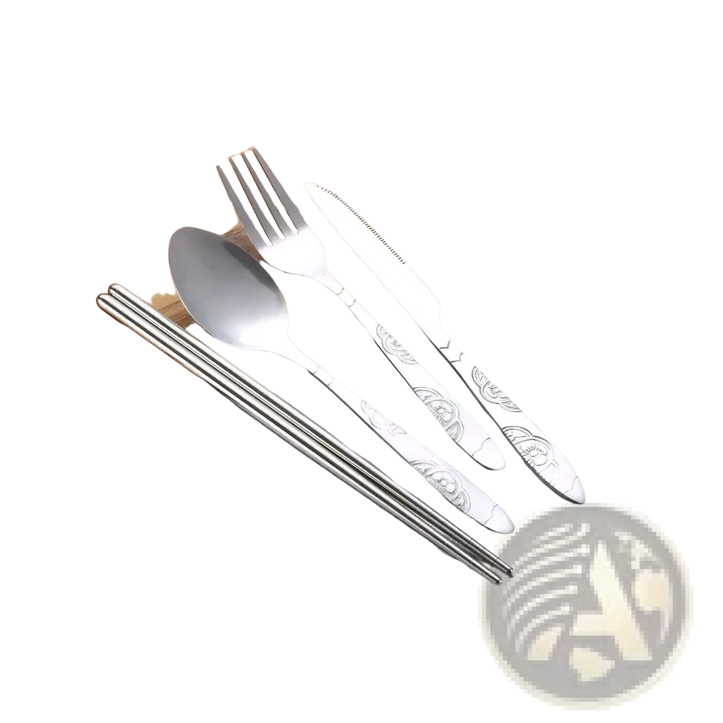Stainless steel portable travel cutlery set with ornate engraved handles and matching chopsticks on wooden board
