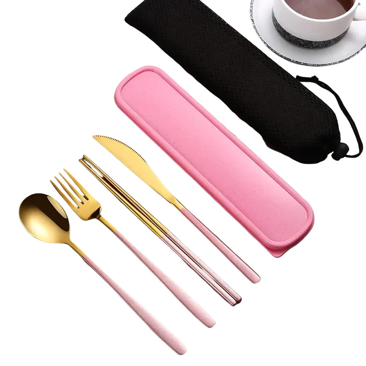 Stainless steel portable travel cutlery set with pink and gold utensils and a matching pink silicone carrying case