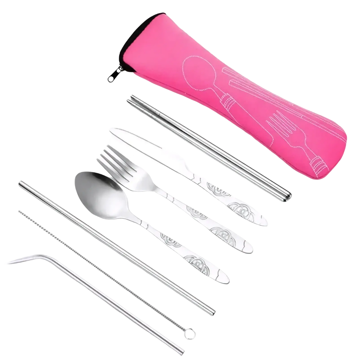 Pink neoprene carrying case with white embroidered cutlery outlines for stainless steel portable travel cutlery set