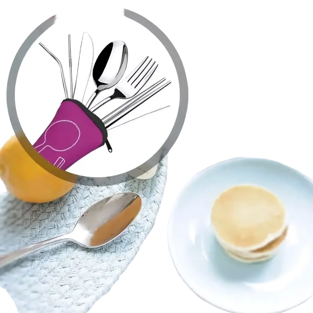 Purple silicone sleeve holding stainless steel portable travel cutlery set with straws and forks for easy transport