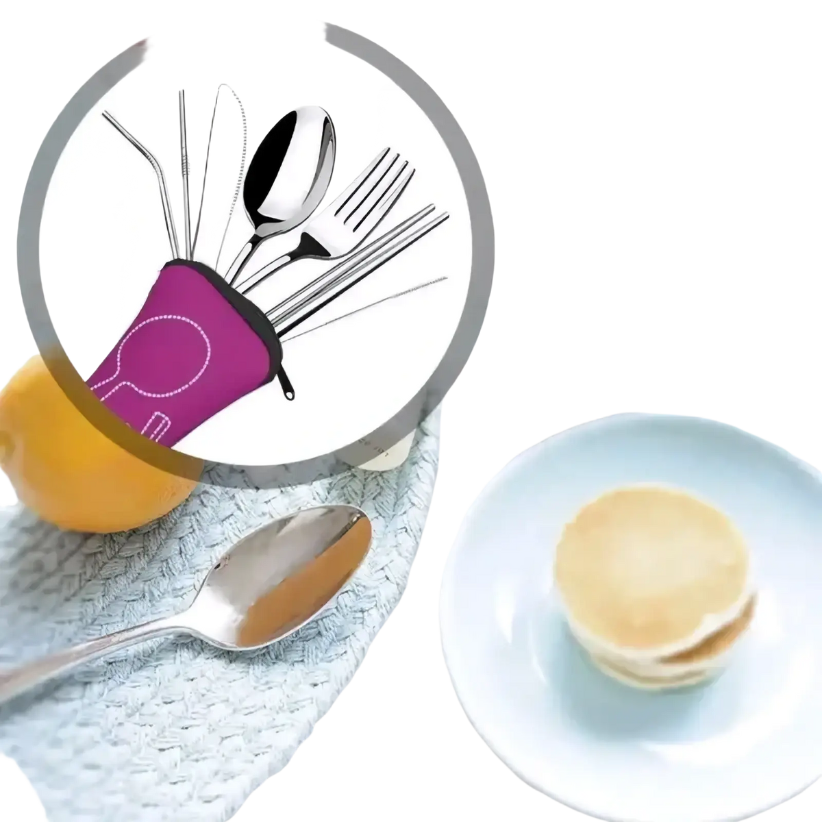 Purple silicone sleeve holding stainless steel portable travel cutlery set with straws and forks for easy transport