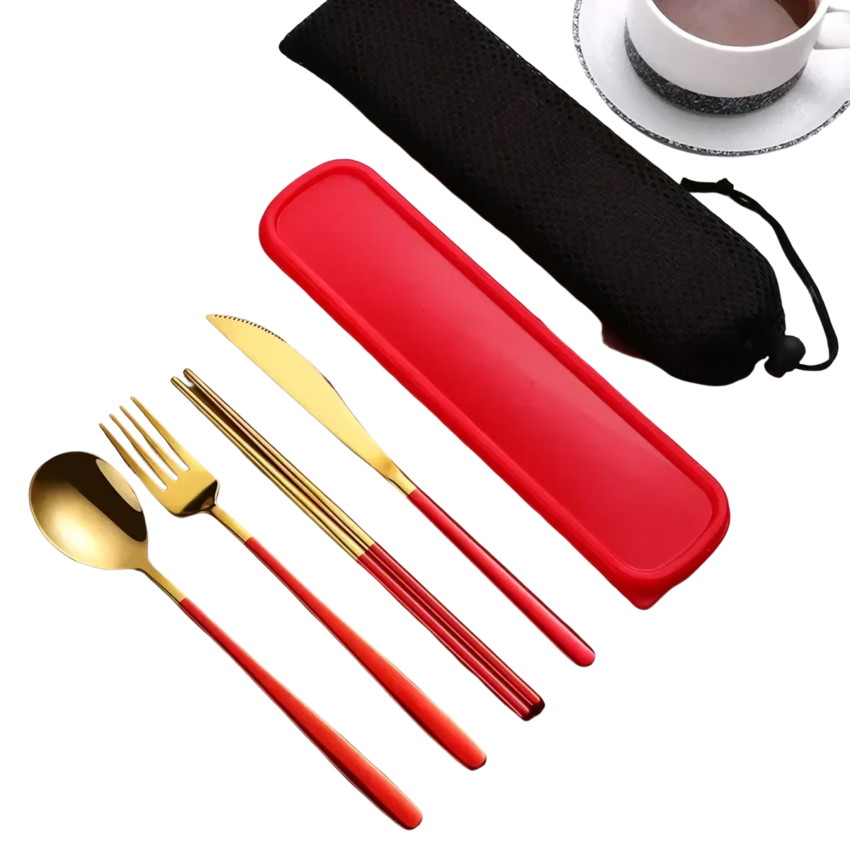 Red and gold stainless steel portable travel cutlery set with a matching red silicone case for easy storage