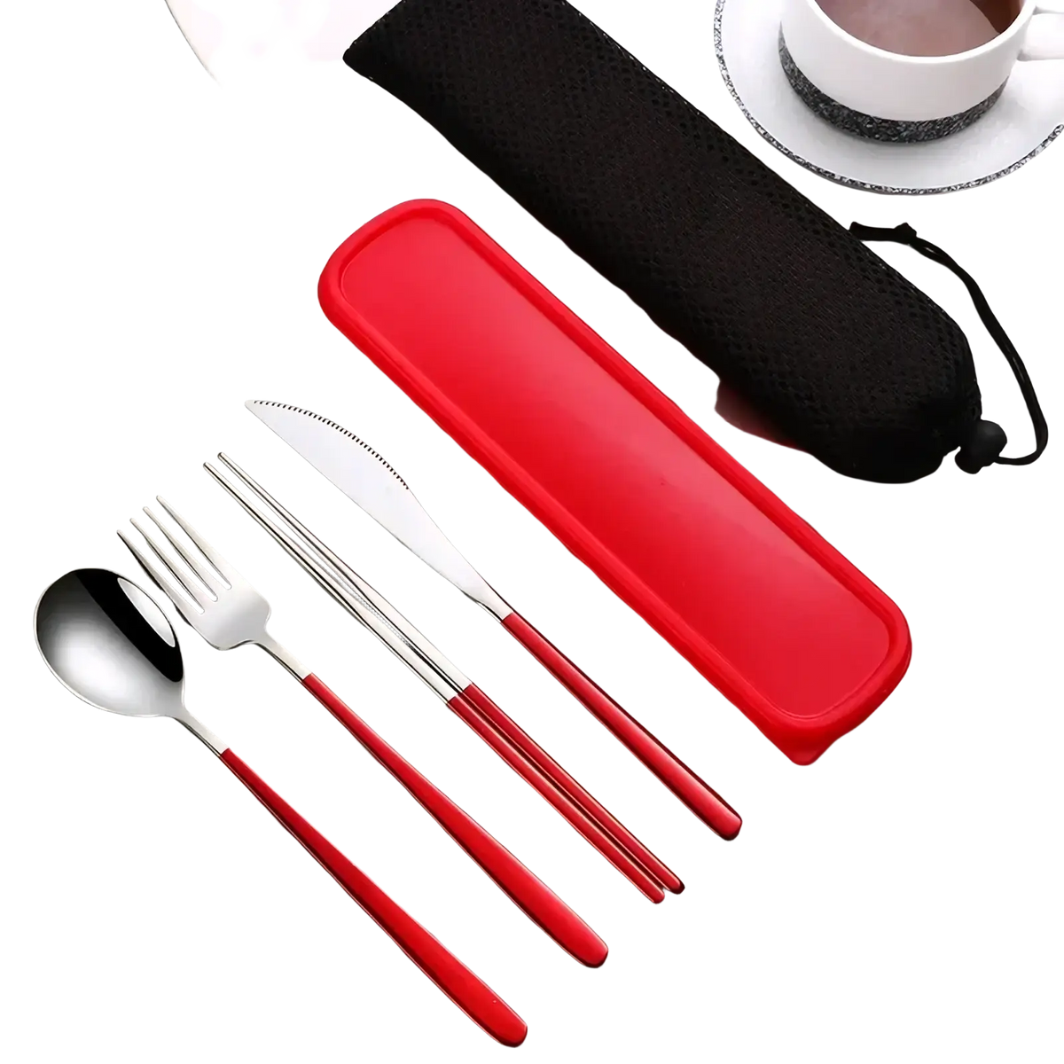 Stainless steel portable travel cutlery set with red handles and matching red silicone case for easy transport
