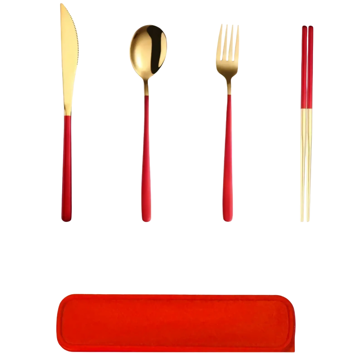 Red-handled gold-toned stainless steel portable travel cutlery set with matching red carrying case
