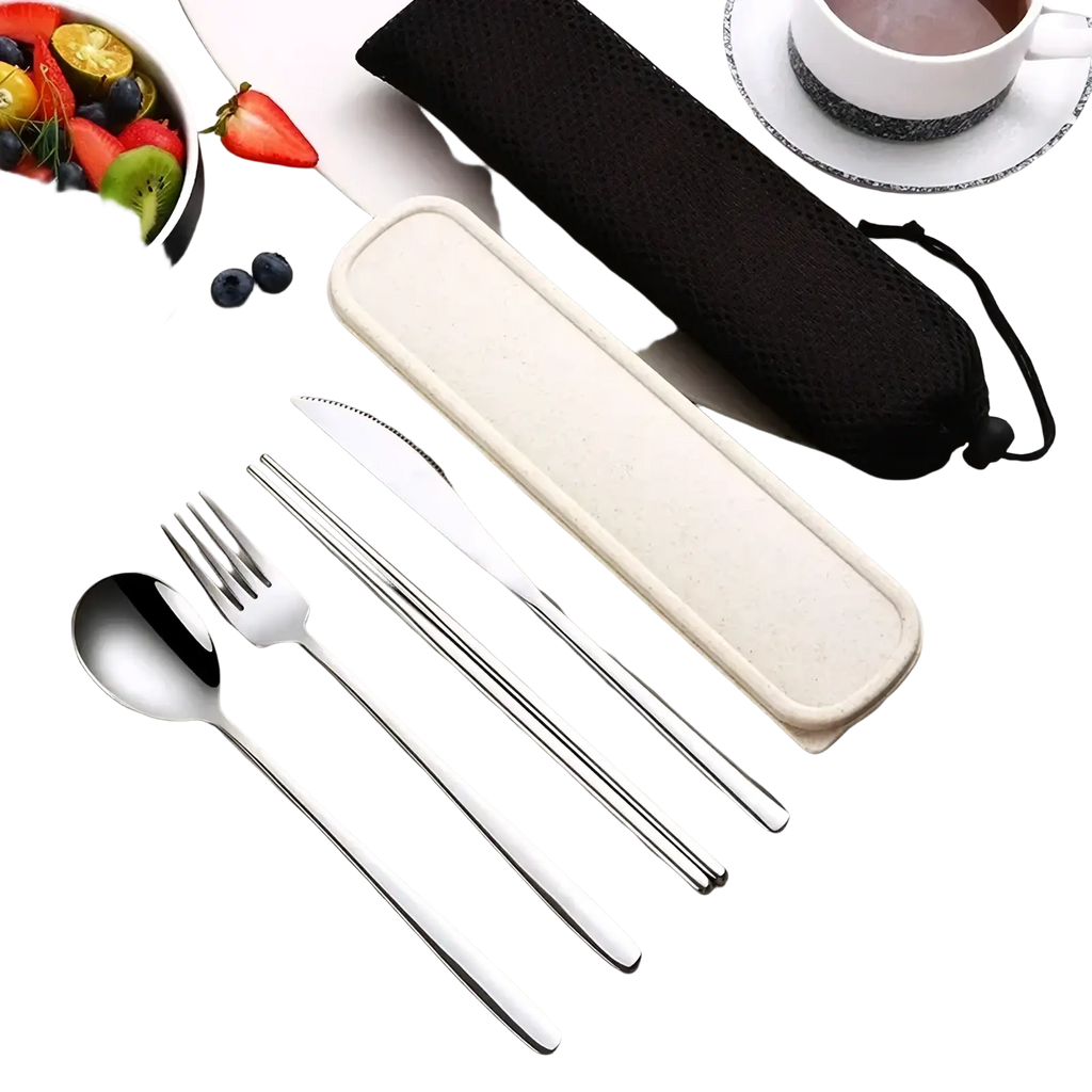 Stainless steel portable travel cutlery set with shiny four-piece utensils beige fabric case and black drawstring pouch